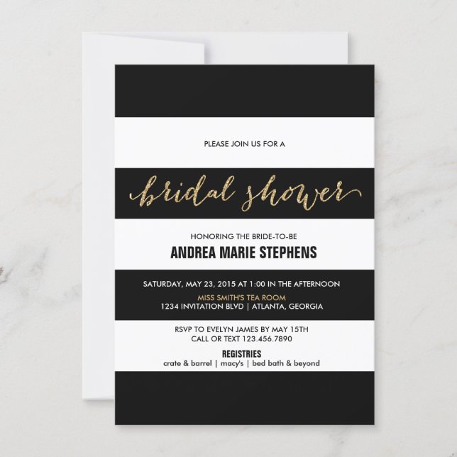 Black and White Stripes Gold Glitter Bridal Shower Invitation (Front)