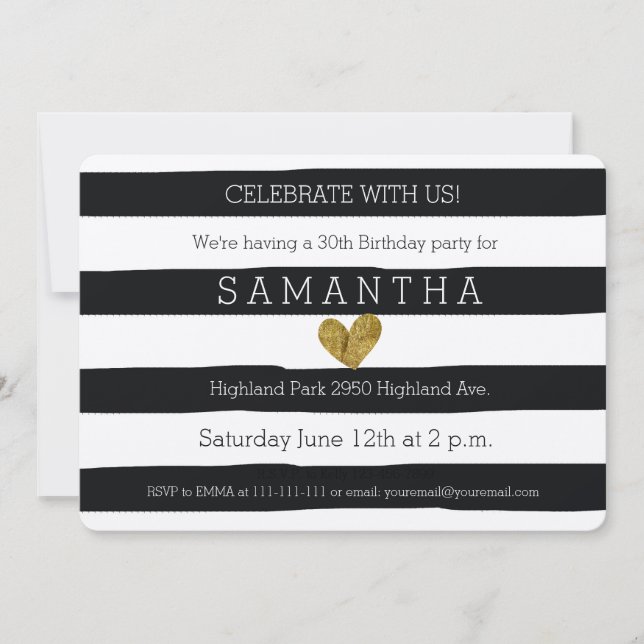 Black and White Stripes Gold Heart birthday Invitation (Front)
