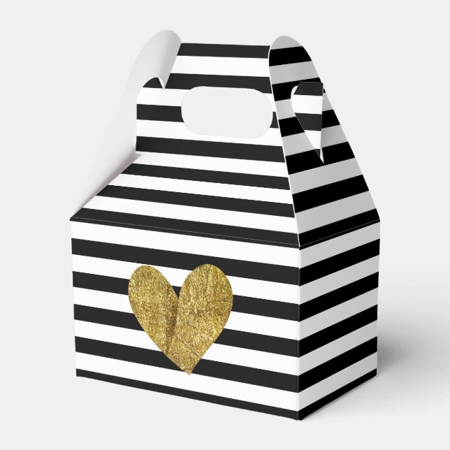 Black and White Stripes Gold Heart Favor Boxes (Front Side)