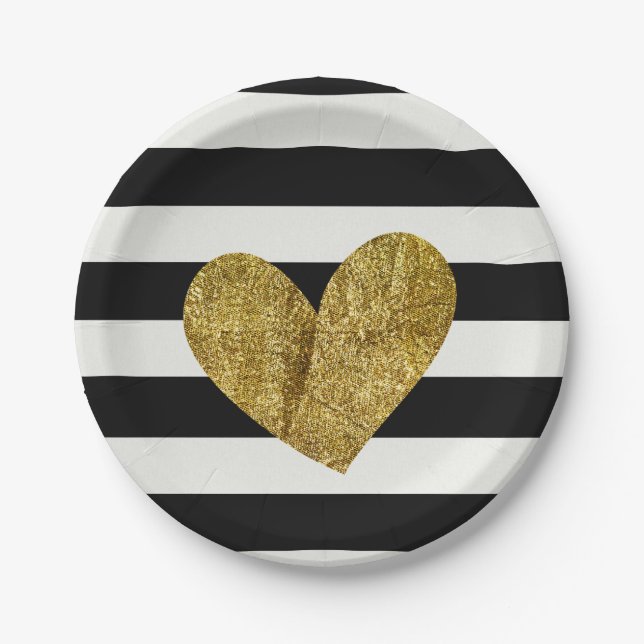 Black and White Stripes Gold Heart Paper Plates (Front)