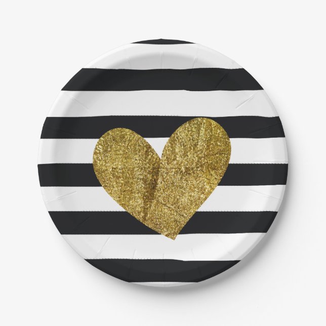 Black and White Stripes Gold Heart Paper Plates (Front)