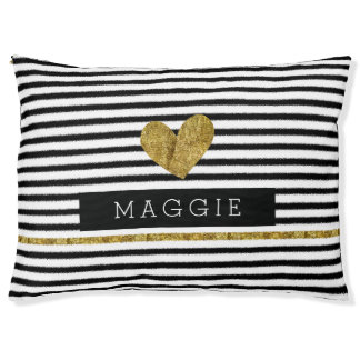 Black and White Stripes Gold Heart Pet Bed