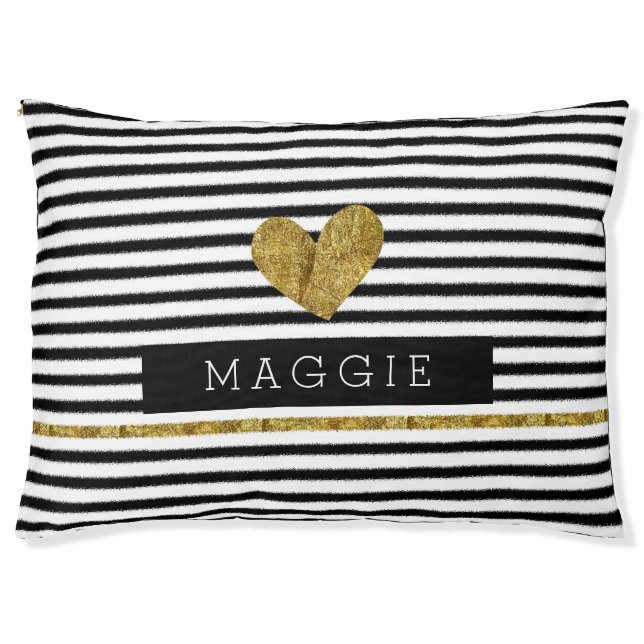Black and White Stripes Gold Heart Pet Bed (Front)