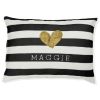 Black and White Stripes Gold Heart Pet Bed