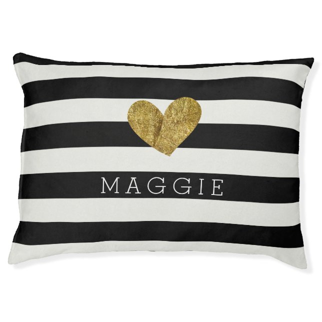 Black and White Stripes Gold Heart Pet Bed (Front)