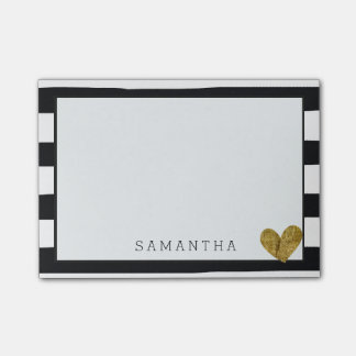 Black and White Stripes Gold Heart Post-it® Notes