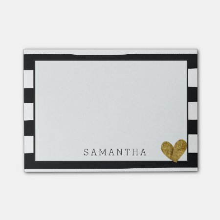 Black And White Stripes Gold Heart Post-it Notes