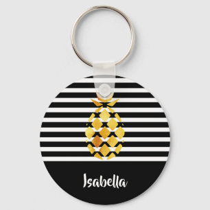 Black and white stripes gold pineapple with name keychain