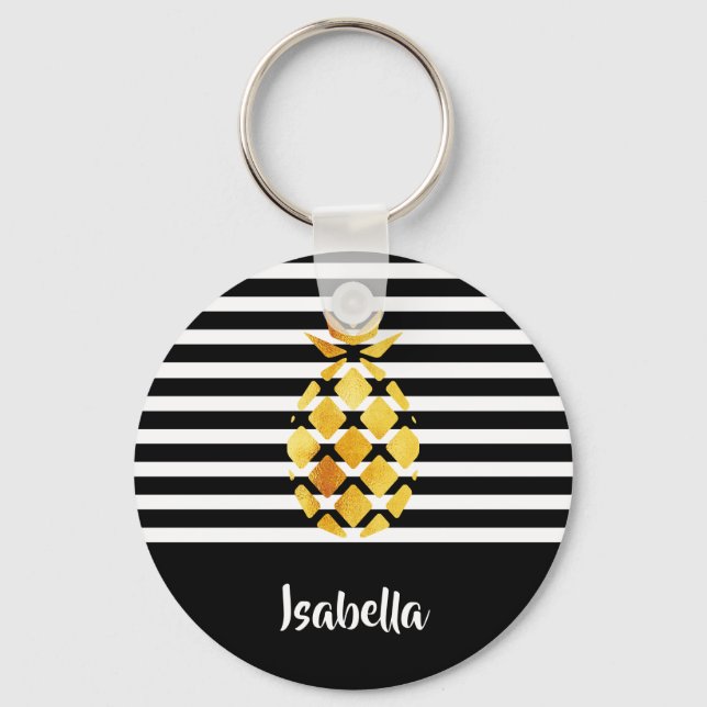 Black and white stripes gold pineapple with name keychain (Front)