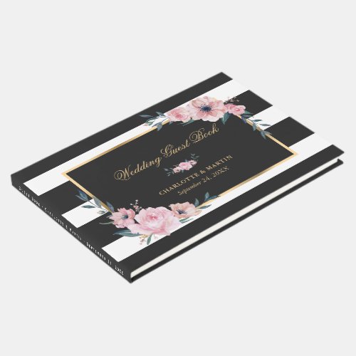 Black and White Stripes Gold Pink Floral Wedding Guest Book