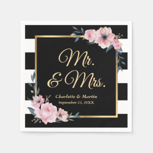 Black and White Stripes Gold Pink Floral Wedding Napkins