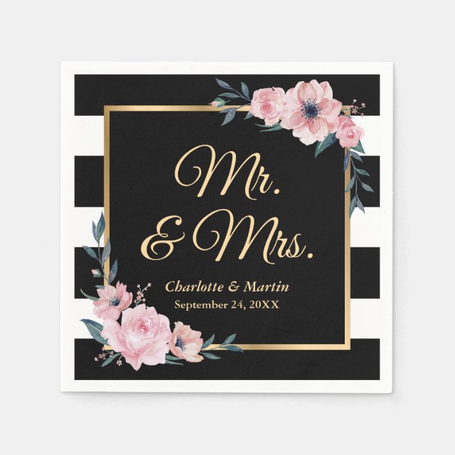 Black and White Stripes Gold Pink Floral Wedding Napkins (Front)