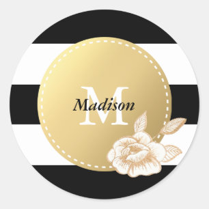 Black and White Stripes Gold Rose and Monogram Classic Round Sticker