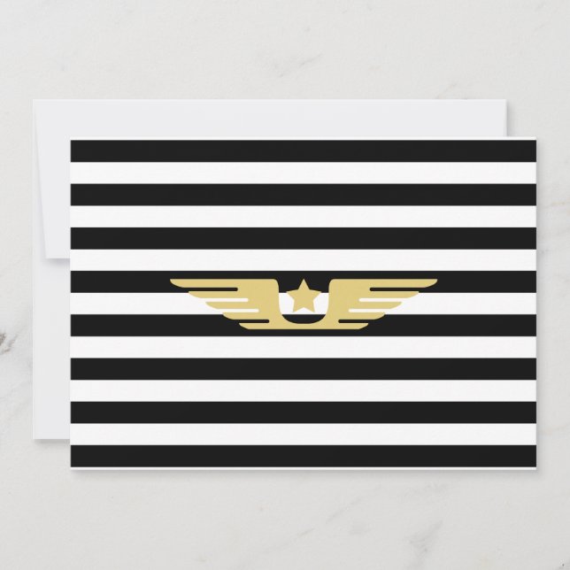 Black and white stripes & gold star & pilots wings invitation (Front)