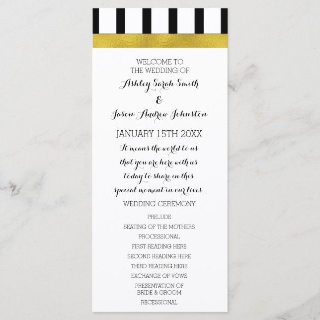 Black and White Stripes Gold Wedding Program (Front)