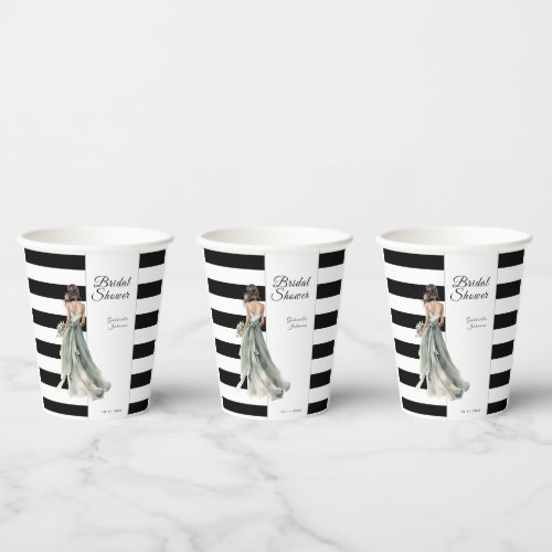 Black and white stripes green bride bridal shower  paper cups