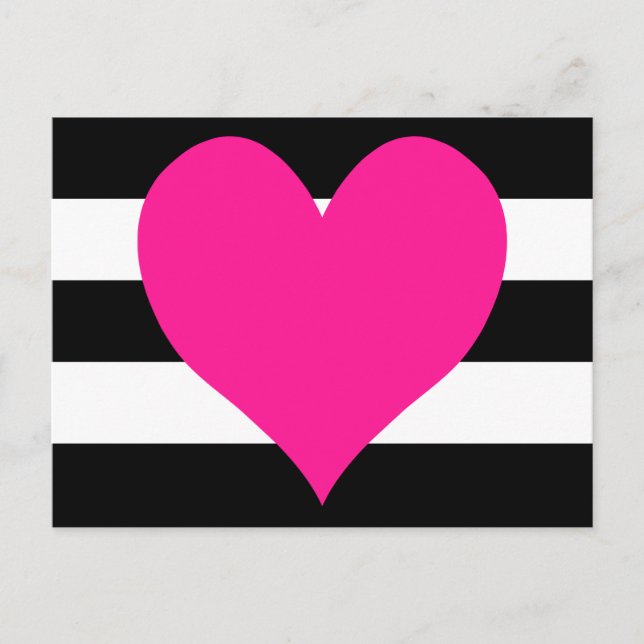 Black and White Stripes Hot Pink Heart Postcard (Front)