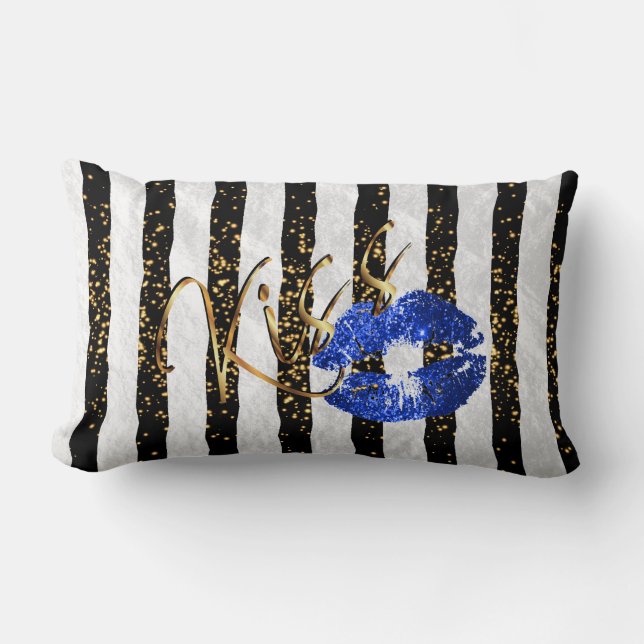 Black and White Stripes Kiss Me Lumbar Pillow (Front)
