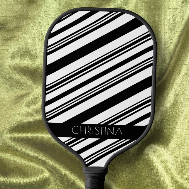 Black and White Stripes Minimal Simple Custom Name Pickleball Paddle (Creator Uploaded)