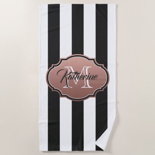 Black and White Stripes Monogram Beach Towel