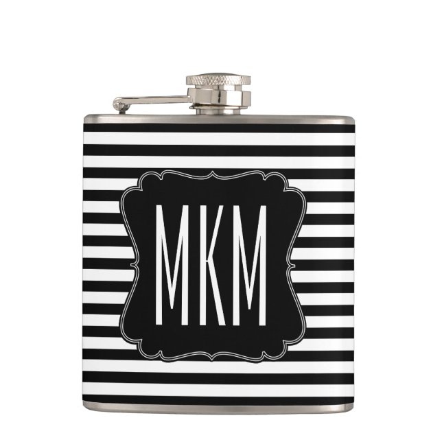 Black and White Stripes Monogram Flask (Front)