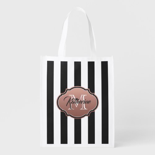 Black and White Stripes Monogram Grocery Bag