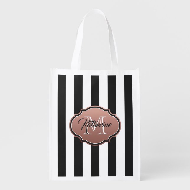 Black and White Stripes Monogram Grocery Bag (Front)