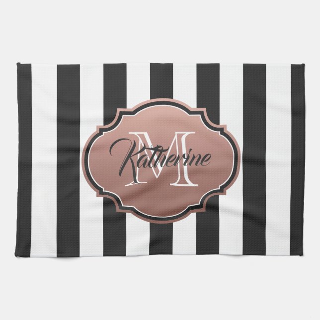 Black and White Stripes Monogram Kitchen Towel (Horizontal)