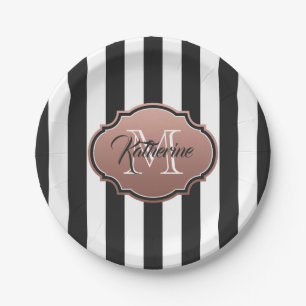 Black and White Stripes Monogram Paper Plates