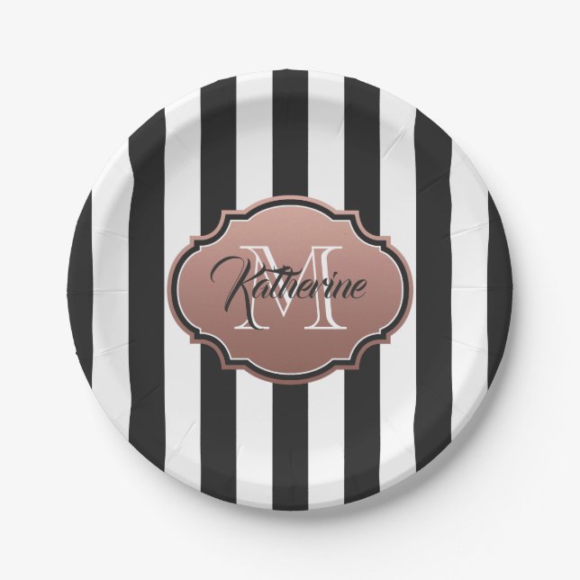 Black and White Stripes Monogram Paper Plates (Front)
