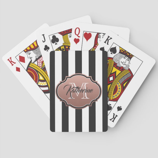 Black and White Stripes Monogram Poker Cards (Back)