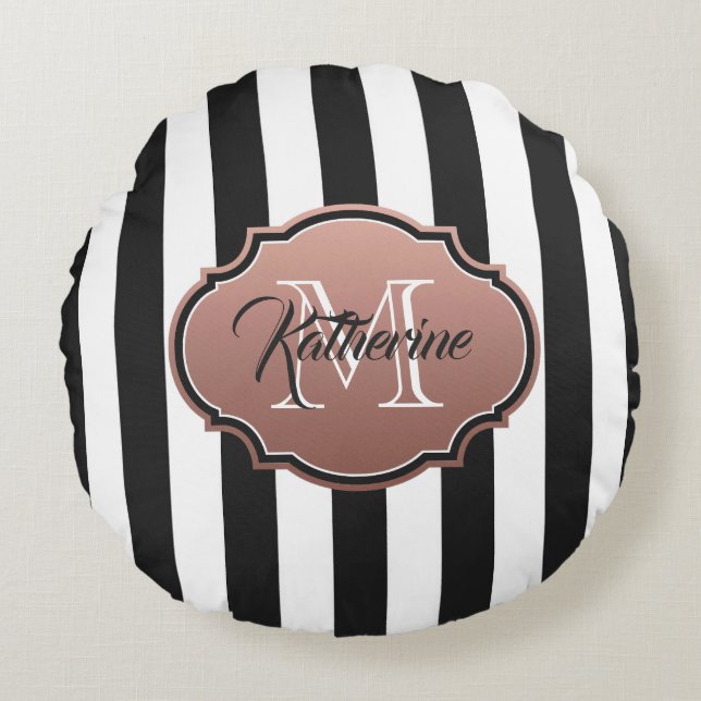Black and White Stripes Monogram Round Pillow (Front)