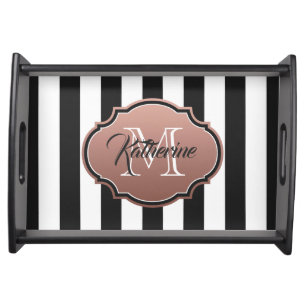 Black and White Stripes Monogram Serving Tray