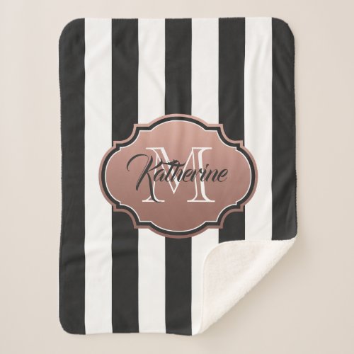 Black and White Stripes Monogram Sherpa Blanket