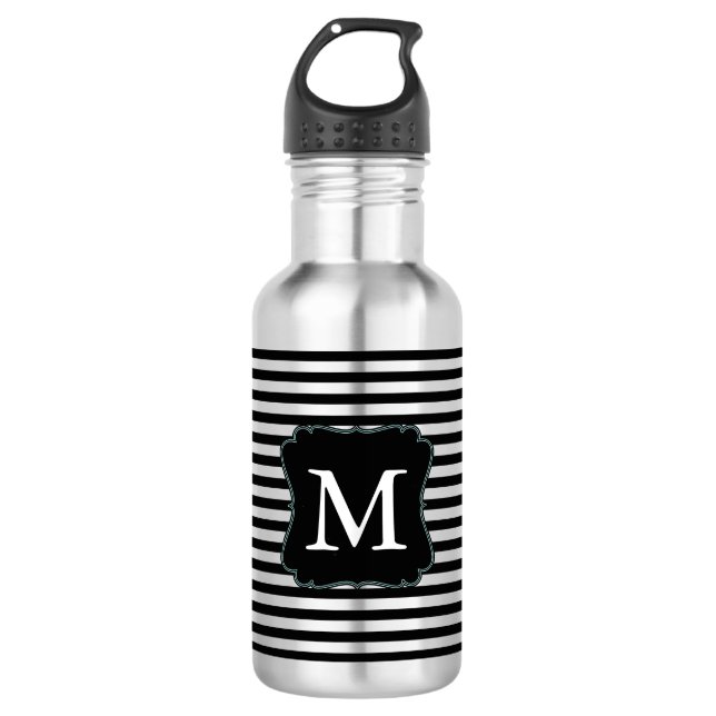 Black and White Stripes Monogram Stainless Steel Water Bottle (Front)