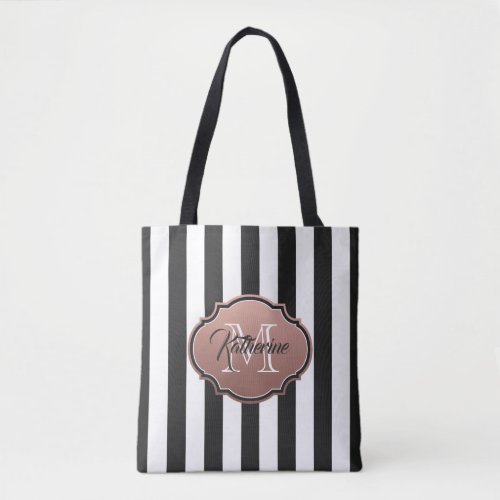 Black and White Stripes Monogram Tote Bag