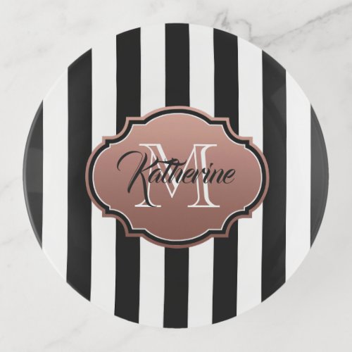 Black and White Stripes Monogram Trinket Tray