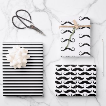 Black and White Stripes Mustaches Wrapping Paper Sheets