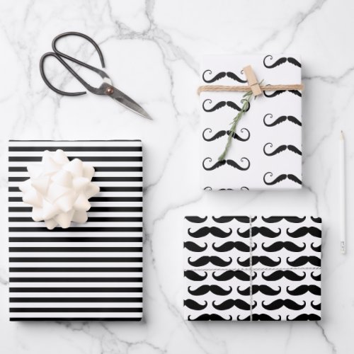 Black and White Stripes Mustaches Wrapping Paper Sheets