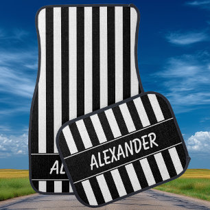 Black and White Stripes Name Car Floor Mat