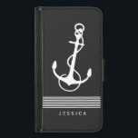 Black And White Stripes & Nautical Boat Anchor Wallet Phone Case For Samsung Galaxy S5<br><div class="desc">White nautical boat anchor with decorative white stripes and customizable monogram,  over black background. If you need any help customizing any of my designs,  contact ArtOnWear designer. Free text formatting with live help available by request.</div>