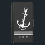 Black And White Stripes & Nautical Boat Anchor Wallet Phone Case For Samsung Galaxy S5<br><div class="desc">White nautical boat anchor with decorative white stripes and customizable monogram,  over black background. If you need any help customizing any of my designs,  contact ArtOnWear designer. Free text formatting with live help available by request.</div>