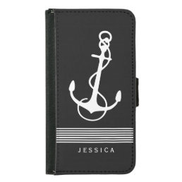 Black And White Stripes &amp; Nautical Boat Anchor Wallet Phone Case For Samsung Galaxy S5