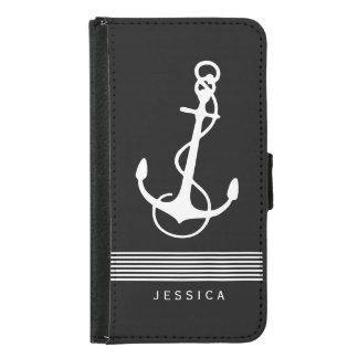 Black And White Stripes & Nautical Boat Anchor Wallet Phone Case For Samsung Galaxy S5