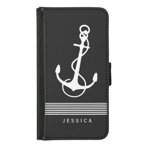 Black And White Stripes  Nautical Boat Anchor Wallet Phone Case For Samsung Galaxy S5