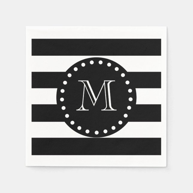 Black and White Stripes Pattern, Black Monogram Napkins (Front)