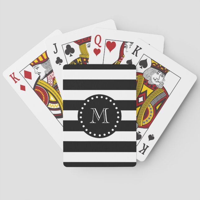 Black and White Stripes Pattern, Black Monogram Poker Cards (Back)