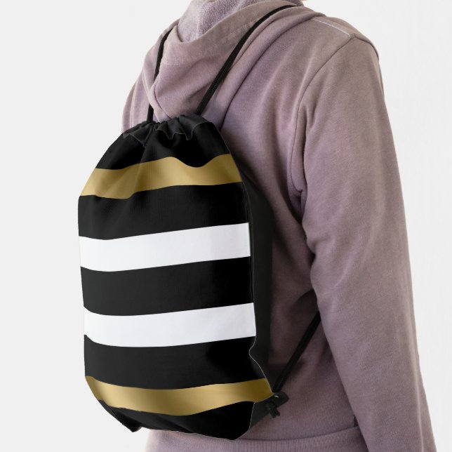 Black and white stripes pattern gold accents bath  drawstring bag (Insitu)