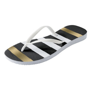 Black and white stripes pattern gold accents bath flip flops
