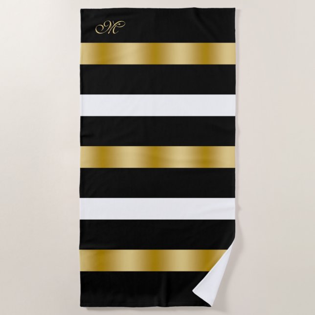 Black and white stripes pattern gold accents beach towel (Front)